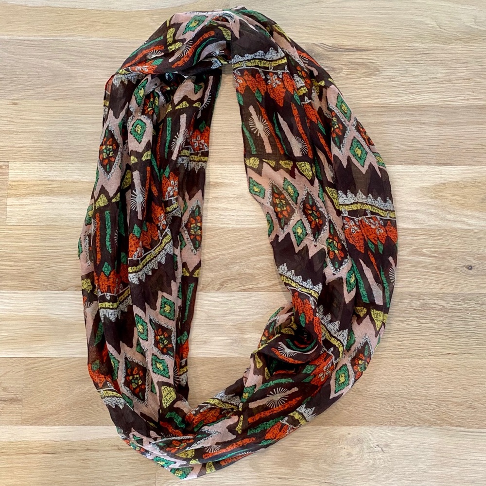 brown/orange/green printed light infinity scarf